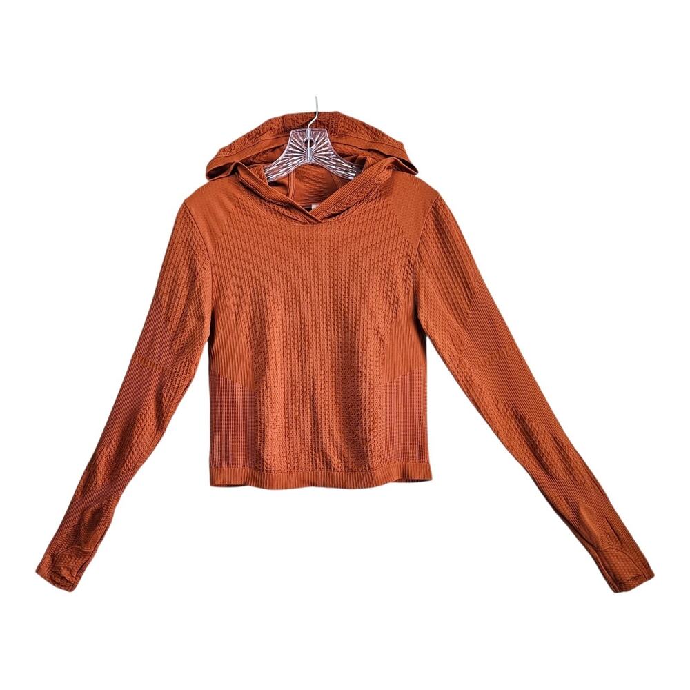 ATHLETA Women S Flurry Seamless Hoodie Top Rust Textured Cropped Long Sleeve 32"